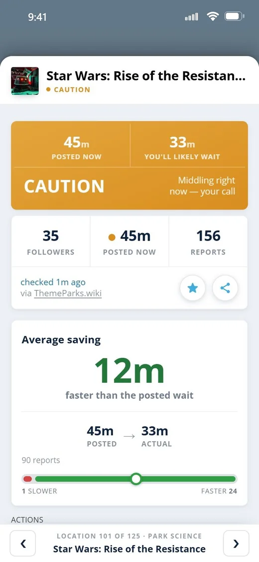 Park Science ride detail — wait times and queue data